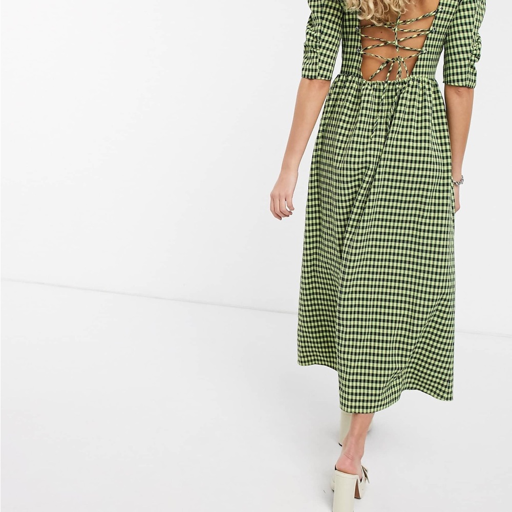 TOPSHOP
Cross Back Midi Dress In Lime Gingham-green In Lime Multi